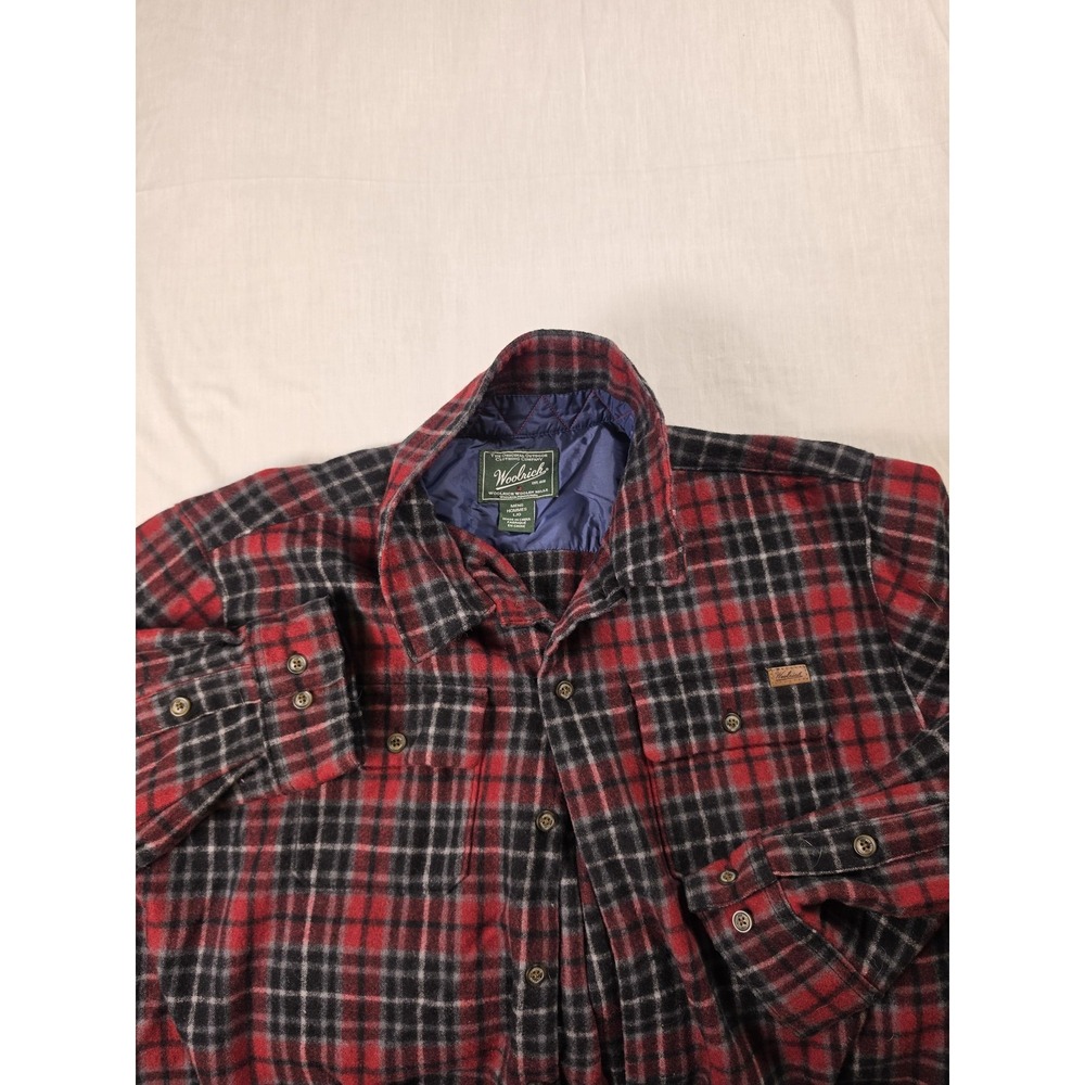 Woolrich Mens Large Red Plaid Wool Flannel Lined Outdoor Button Up Shirt 6316